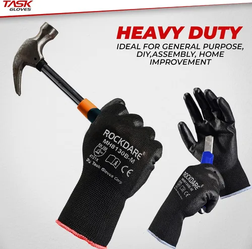 Miniatura 4 de Task Force - Guantes de trabajo de seguridad con revestimiento de poliuretano, 12 pares, guantes de punto sin costuras con revestimiento