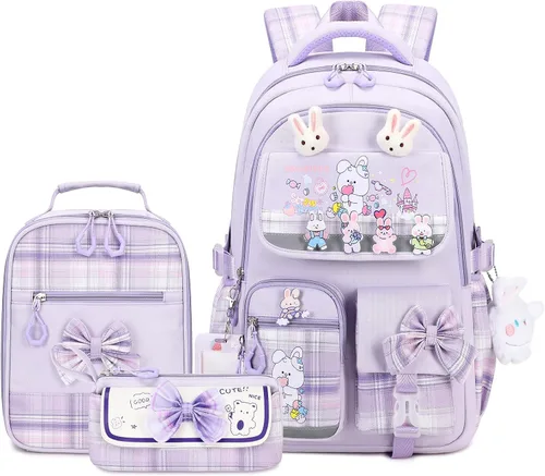 Miniatura 8 de CYOQX Mochila escolar para niñas, 3 piezas, con lonchera, juego de mochila para adolescentes y niñas, linda mochila escolar para niños y niñas