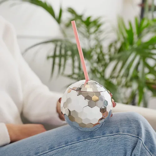 Miniatura 5 de Blush Taza de bola de discoteca plateada con pajitas para fiestas, 16 onzas, lindo vaso de bebida de bola de cóctel con purpurina brillante