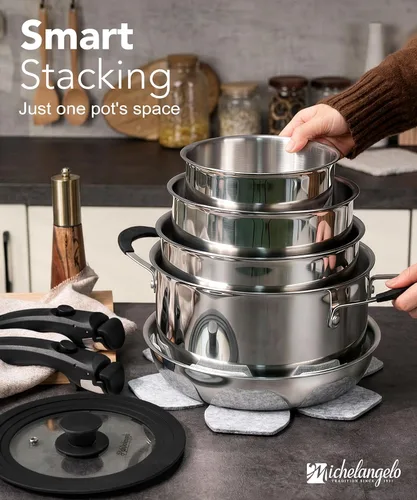 Miniatura 3 de Michelangelo Juego de utensilios de cocina de acero inoxidable de tres capas de 14 piezas con mango desmontable, juego de utensilios de cocina