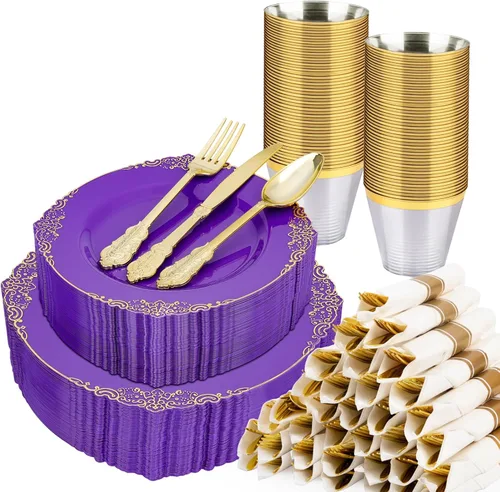 Miniatura 11 de Realluck 350 piezas platos de plástico blanco y dorado, juego de vajilla de plástico para 50 invitados, 100 platos desechables, 150 cubiertos, 50