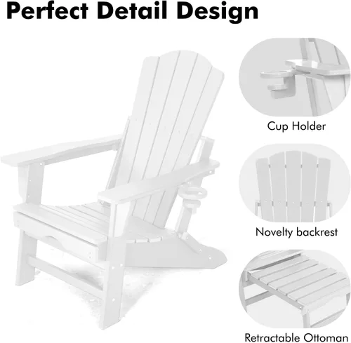 Miniatura 6 de LETKIND Folding Adirondack Chair with Retractable Ottoman,All Weather Fire Pit Chairs with Cup Holder,Outdoor Chair with Ottoman,White