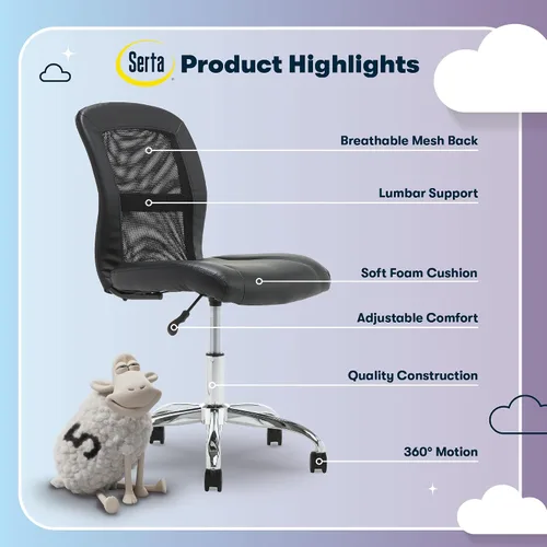 Miniatura 4 de Silla de escritorio Serta Essential sin brazos, sillas pequeñas de escritorio con ruedas, respaldo de malla transpirable y cuero sintético, asiento