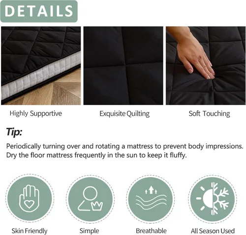 Miniatura 6 de MAXYOYO Colchón Futón de Suelo Japonés Tamaño King, Cama de Suelo para Adultos, Colchón Enrollable Plegable, Cama Futón Japonesa con Patrón de Negro