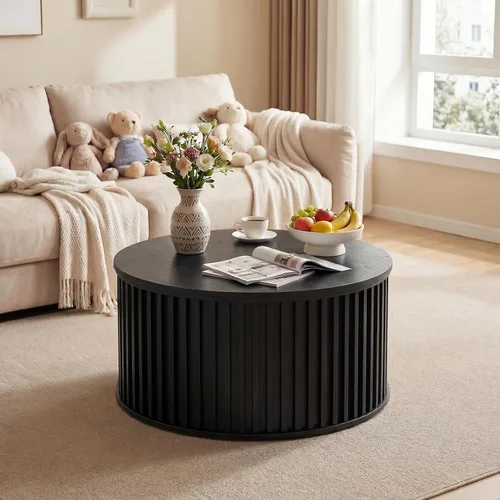 Miniatura 5 de Mesa auxiliar redonda con almacenamiento, mesa central acanalada de 35.43 pulgadas para sala de estar, mesa moderna de mediados de siglo, color negro