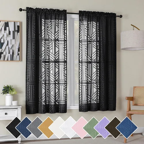Miniatura 20 de Simplebrand Cortinas traslúcidas negras de cocina de 24 pulgadas de largo, 2 paneles, filtrado de luz, geométrico jacquard con textura, cortinas