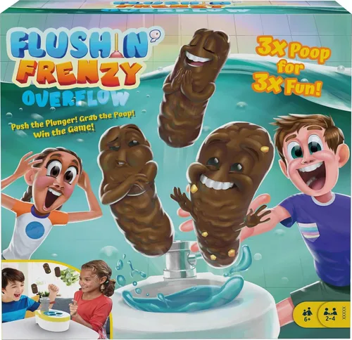 Mattel Games Flushin’ Frenzy Overflow - Juego de mesa para niños con inodoro de juguete, 3 lanzadores, 1 dado e instrucciones, regalo para niños a