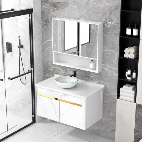 Miniatura 2 de Fregadero de recipiente blanco redondo - Fulorni 33x33 cm Lavabo de baño de cerámica de porcelana con borde dorado sobre encimera, fregadero