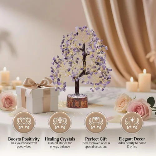 Miniatura 6 de FASHIONZAADI - Árbol de la vida con cristales de amatista - Piedras y cristales - Árbol bonsái - Regalos de buena suerte para mujeres - Accesorios