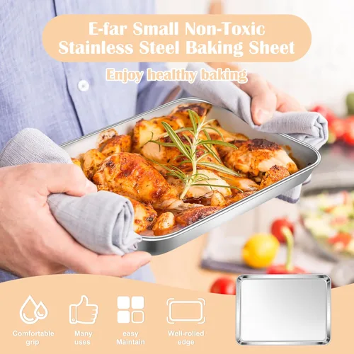 Miniatura 3 de E-far Mini bandeja para horno tostador, bandeja para hornear galletas de acero inoxidable de 9.4 x 7.3 pulgadas, bandeja pequeña de metal no tóxico