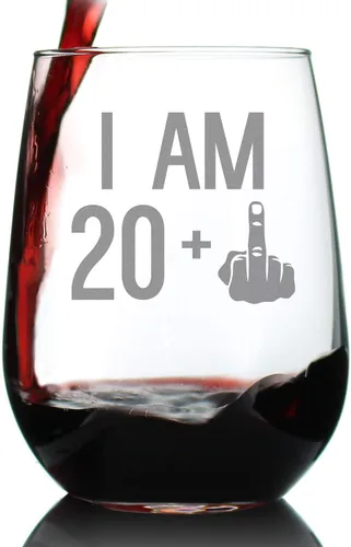 Bevvee 20 + 1 dedo medio – Copa de vino sin tallo de cumpleaños 21 para mujeres y hombres – Bonitas y divertidas copas de cumpleaños para amigos que