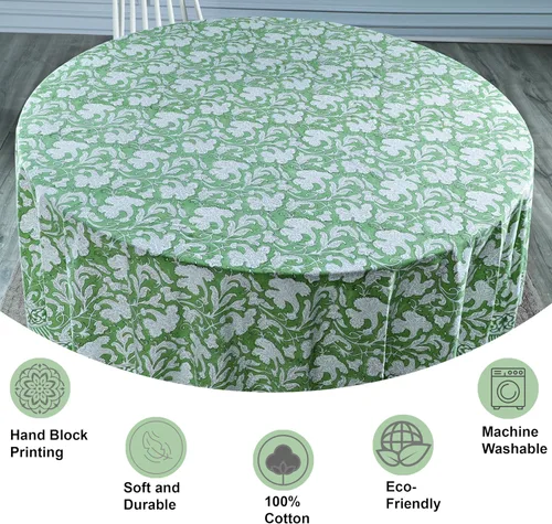 Miniatura 2 de Ridhi Mantel redondo con estampado de bloque a mano, 100% algodón, reutilizable, verde salvia, 90 pulgadas, mantel decorativo para uso diario