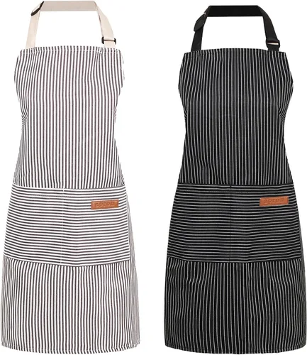 Paquete de 2 Delantales de Cocina Ajustables con Peto para Mujeres con 2 Bolsillos, Delantales de Cocina Restaurante para Hombres Chefs
