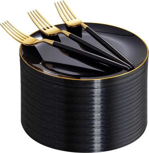 I00000 Juego de 144 platos de postre negros y dorados, incluye 72 platos de plástico negro y dorado de 7.5 pulgadas y 72 tenedores desechables de