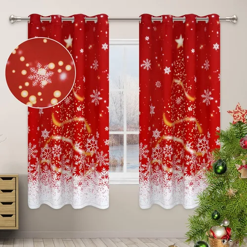 Cortinas de Navidad con estampado de copos de nieve para sala de estar y dormitorio, 63 pulgadas, color dorado brillante, árbol de Navidad, cortinas