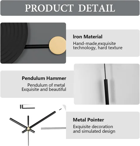 Miniatura 4 de Reloj de pared grande y moderno para sala de estar, reloj de pared decorativo silencioso a pilas con péndulo arte de pared de metal para decoración