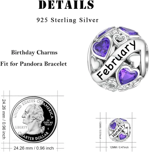 Miniatura 5 de DALARAN Dijes de piedra natal para pulsera de plata de ley 925 con cuentas de corazón de feliz cumpleaños para mujer