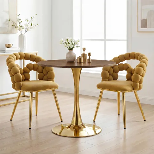 Miniatura 3 de Mesa de comedor redonda de nogal para espacios pequeños, mesas de tulipanes de 32 pulgadas con base de pedestal de metal dorado, mesa de bistró