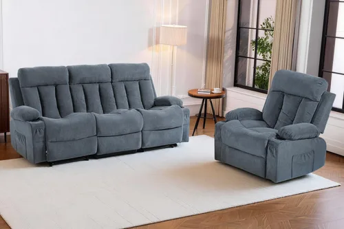 Miniatura 25 de Juego de sofá reclinable manual, 3 piezas con bolsillos laterales, portavasos para cine en casa, oficina (azul, sofá biplaza+silla)