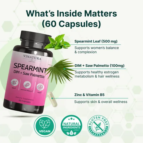Miniatura 2 de VINATURA Spearmint Cápsulas Suplemento – Extracto de hoja de menta verde mejorado con DIM y Saw Palmetto, para cabello no deseado, salud y piel