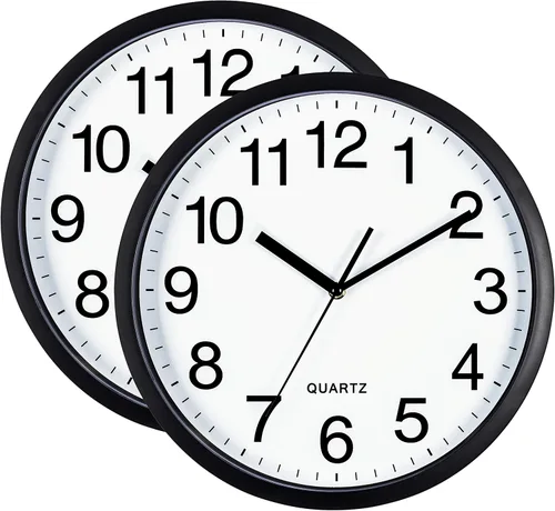 Bernhard Products Reloj de pared negro, paquete de 2 unidades, silencioso, sin tictac, de 10 pulgadas, de cuarzo de calidad audaz, funciona con