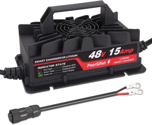 Cargador de batería de litio de 58.4V 15A para paquetes de baterías Lifepo4 de 48 V con conector M8 impermeable, indicador LED, 6 protecciones,