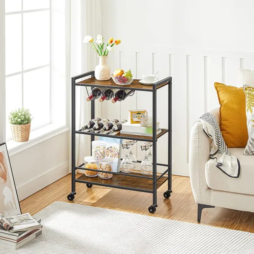 Miniatura 7 de HOOBRO Carrito de bar, carrito de café de 3 niveles con ruedas, carrito de cocina, carrito de vino con estante para vino y soporte para vidrio