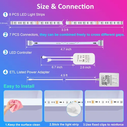 Miniatura 6 de Maylit 8 piezas de 3.3 pies de kit de luces RGB inteligentes para debajo del gabinete, funciona con Alexa y Google Assistant, control por aplicación