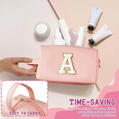 Miniatura 2 de Bolsa de maquillaje personalizada con inicial con asa, bolsa de cosméticos de preparación con bolsillo interior con cremallera, 8, 9, 10, 11, 12
