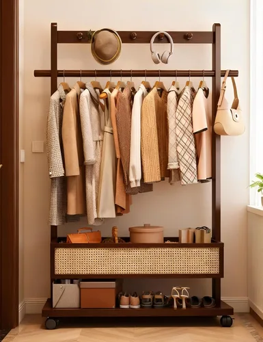 Miniatura 6 de Perchero con estantes, resistente con cesta de almacenamiento, estantes de ropa rodantes de bambú para espacios pequeños, dormitorio, entrada