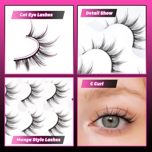 Miniatura 37 de Veleasha Pestañas postizas de manga puntiagudas, 100% hechas a mano, aspecto natural, pestañas postizas ligeras con banda transparente suave