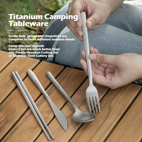 Miniatura 2 de Boundless Voyage Juego de cubiertos de titanio portátil para acampar, palillos, cuchillo, tenedor, cuchara, juego para viajes en casa