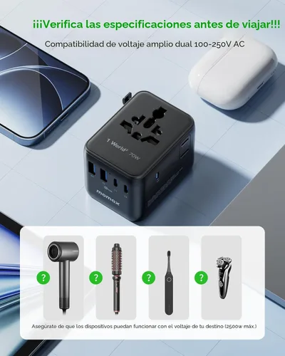 Miniatura 9 de MOMAX Mini Adaptador de Viaje Universal 7 en 1, Adaptador de Corriente Internacional GaN 70W, 2 AC, 3 USB-C PD de Carga Rápida y 2 USB-A QC, Negro