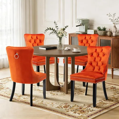 Miniatura 95 de Juego de 4 sillas de comedor de terciopelo, sillas de comedor tapizadas con ribete de cabeza de clavo y patas de madera maciza para cocina