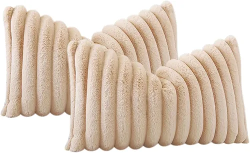 Miniatura 6 de Soleebee Juego de 2 fundas de cojines decorativos de terciopelo suave y acogedor, fundas de piel sintética de conejo para sofá, cama, silla, Camel