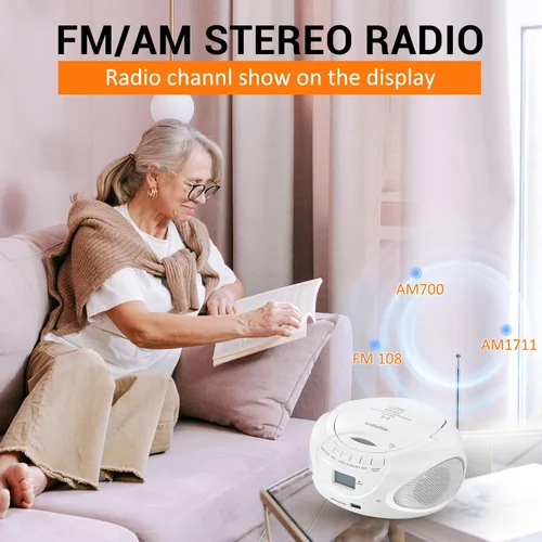 Miniatura 3 de Gelielim Boombox reproductor de CD portátil con Bluetooth, pequeña radio AM/FM, sonido estéreo, reproductor de disco de carga superior