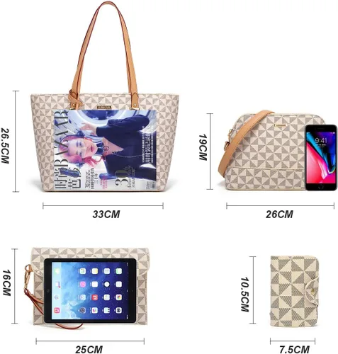 Miniatura 57 de Juego de 4 bolsas modernos para mujer de cuero sintético: bolso tote, bolso de hombro, bolso de mano y cartera.