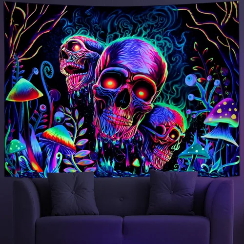 Miniatura 2 de Amonercvita Tapiz de calavera con luz negra, tapiz de pared de esqueleto trippy, reactivo a los rayos UV, plantas de neón, árboles, tapices