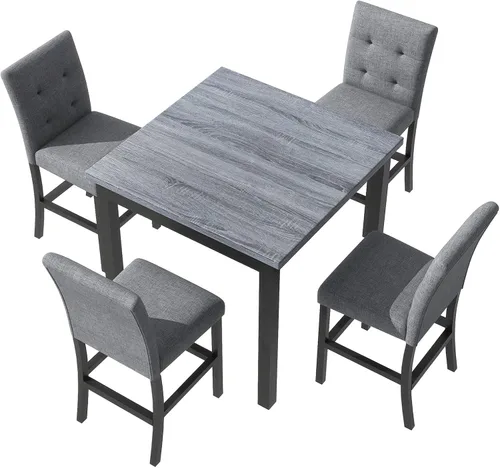 Miniatura 8 de Elegante juego de mesa de comedor, juego de comedor cuadrado de 5 piezas con altura de mostrador con 4 sillas tapizadas de respaldo alto, diseño