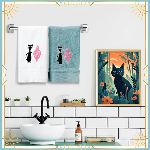 Miniatura 5 de Macarrie 2 toallas de cocina modernas de mediados de siglo con diseño de gato negro retro, toallas de algodón bordadas absorbentes para cocina