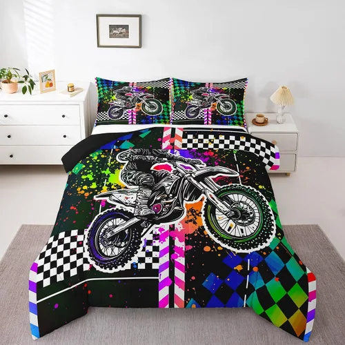 Miniatura 12 de Feelyou Kids Green Dirt Bike Duvet Insert Twin Size, Extreme Sports Comforter Set Boys Girls Motorbike Bedding Set Teens Bedroom Decor Microfiber