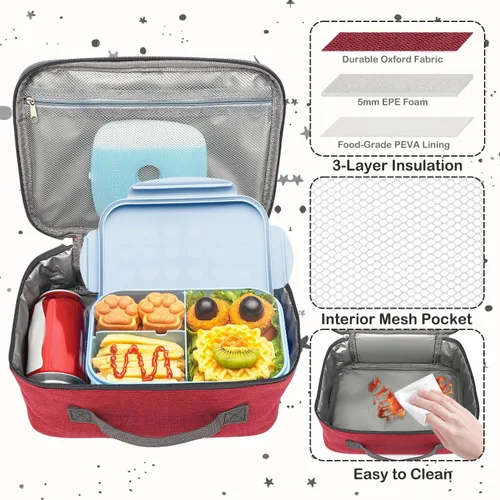 Miniatura 4 de FlowFly Lonchera para niños, bolsa suave aislada, mini hielera para el regreso a clases, kit de bolsa térmica para comidas, para niñas, niños, Rojo