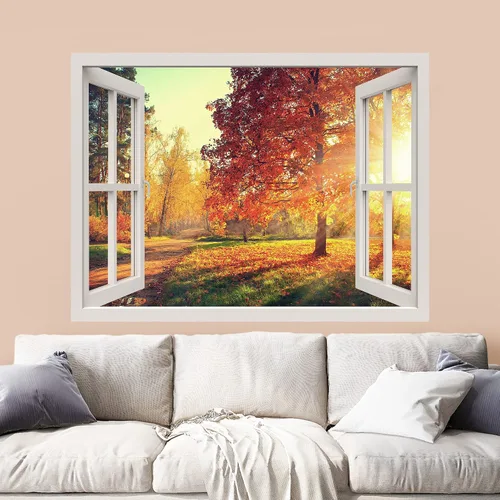 Miniatura 2 de wall26 Adhesivo mural removible para pared, vista de ventana, sol, otoño, temporada de árbol, bosque, naturaleza, desierto, fotografía, realismo