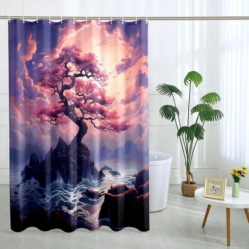 Miniatura 15 de Cortina de ducha japonesa Fuji Mountain de cerezo asiático, cortina de ducha con diseño de anime, decoración de baño, tela de poliéster, 62 x 72 Azul