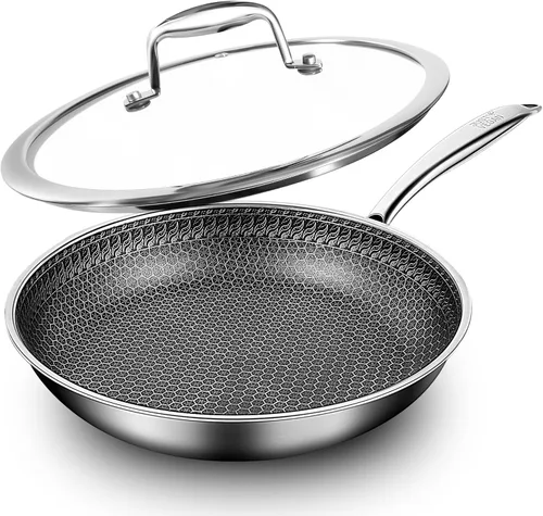 Sartén de acero inoxidable de 10 pulgadas / 11 pulgadas con tapa, sartén antiadherente – listo para inducción, apto para horno y lavavajillas, libre