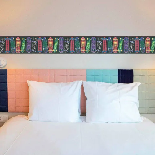 Miniatura 2 de Dundee Deco BD6025 - Borde de papel pintado prepegado para niños, azul, negro, morado, verde, borde de pared, diseño retro, 15 pies x 8 pulgadas