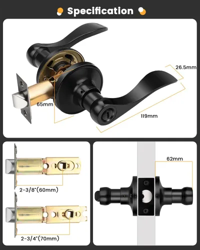 Miniatura 6 de Gobrico - Manija de puerta de privacidad negra mate, paquete de 1, palanca interior sin llave para dormitorio y baño, reversible, estilo onda/gota
