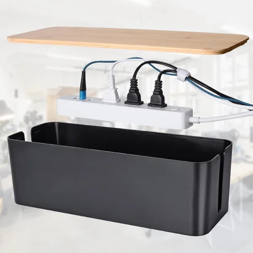 Miniatura 2 de Paquete de 2 cajas grandes para organizar cables, caja organizadora de cables de estilo madera y cubierta para cables de TV, computadora, enrutador