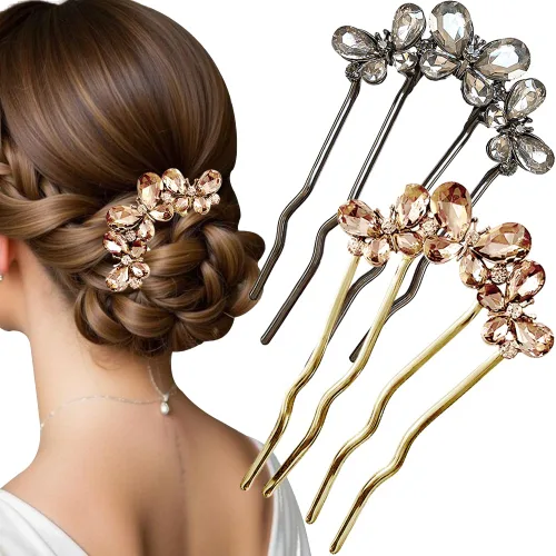 Horquilla de cuatro dientes, mariposa de cristal, peines decorativos para el cabello, horquillas francesas, color champán, negro, mariposa,