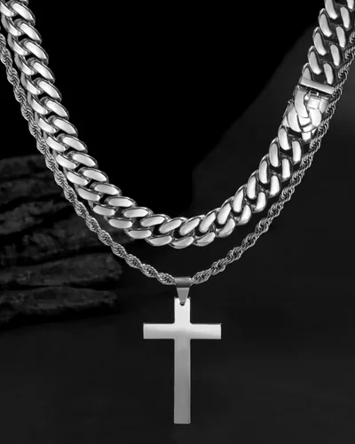 Miniatura 5 de 2 collares de cruz para hombres y mujeres, cadena de eslabones cubanos de plata dorada y negra para hombres, cadena de cuerda en capas, collar